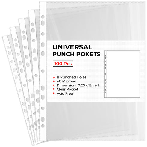 A4 Plastic Value Punched Punch Pockets, 11 Hole Heavy Duty File Binder Pockets, 40 Micron Clear Punched Pockets for Documents Folders Filling Plastic Wallets 100 Sleeves Pack