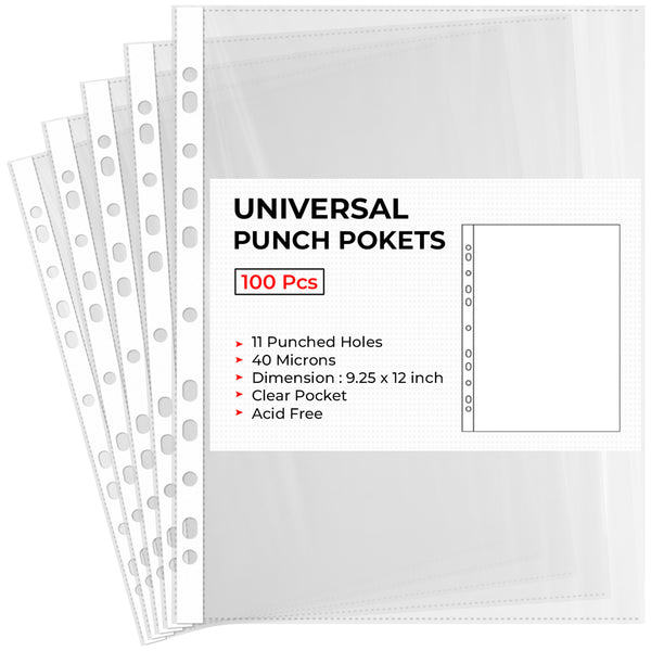 A4 Plastic Value Punched Punch Pockets, 11 Hole Heavy Duty File Binder Pockets, 40 Micron Clear Punched Pockets for Documents Folders Filling Plastic Wallets 100 Sleeves Pack