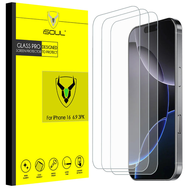 iSOUL Screen Protector for iPhone 16 Pro 6.9 Inch Tempered Glass Film Full Coverage, Case Friendly Clear 3 Pack