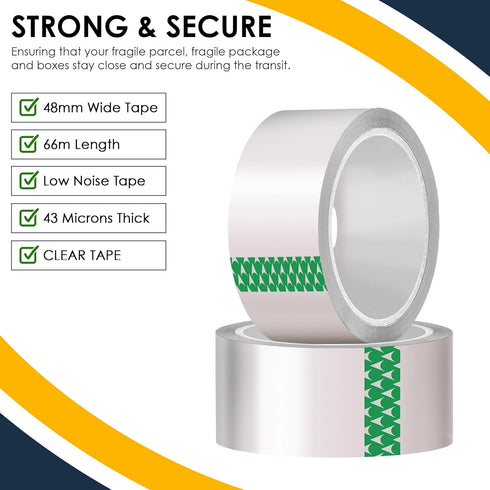 Parcel Tape, 6 Rolls Packing Tape Strong Heavy Duty Clear Tape 48mm x 66m For Packing Boxes Packaging Tape Moving Tape