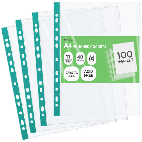 100 A4 Plastic Value Punched Punch Pockets 10-15 Sheets 40 Micron Clear Punched Pockets for Documents Folders Filling Plastic Wallets Sleeves