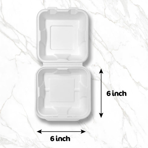 Takeaway Burger Boxes 50 Pack Strong 6x6 Inch Clamshell Box Disposable Bagasse Sugarcane Closure Microwave Safe Compostable Container for Hot & Cold Food Catering Birthday Party Office Picnic White