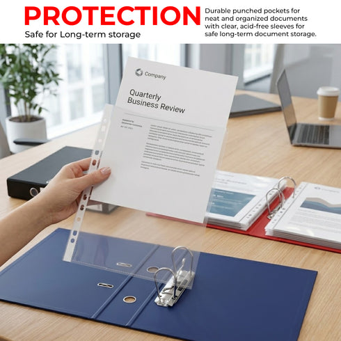 A4 Plastic Value Punched Punch Pockets, 11 Hole Heavy Duty File Binder Pockets, 40 Micron Clear Punched Pockets for Documents Folders Filling Plastic Wallets 100 Sleeves Pack