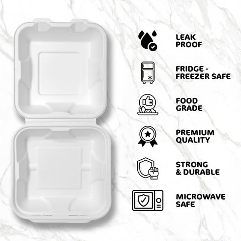 Takeaway Burger Boxes 50 Pack Strong 6x6 Inch Clamshell Box Disposable Bagasse Sugarcane Closure Microwave Safe Compostable Container for Hot & Cold Food Catering Birthday Party Office Picnic White