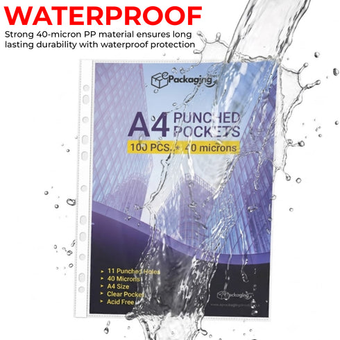 A4 Plastic Value Punched Punch Pockets, 11 Hole Heavy Duty File Binder Pockets, 40 Micron Clear Punched Pockets for Documents Folders Filling Plastic Wallets 100 Sleeves Pack