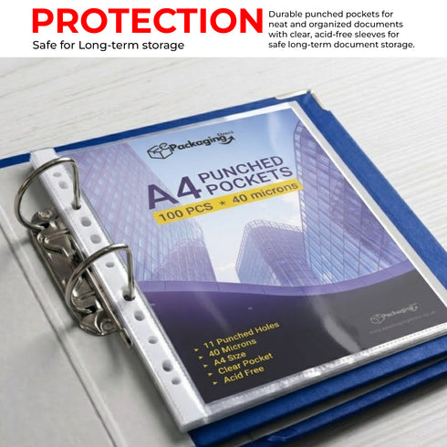 A4 Plastic Value Punched Punch Pockets, 11 Hole Heavy Duty File Binder Pockets, 40 Micron Clear Punched Pockets for Documents Folders Filling Plastic Wallets 100 Sleeves Pack
