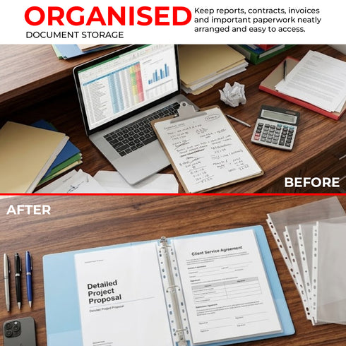 A4 Plastic Value Punched Punch Pockets, 11 Hole Heavy Duty File Binder Pockets, 40 Micron Clear Punched Pockets for Documents Folders Filling Plastic Wallets 100 Sleeves Pack