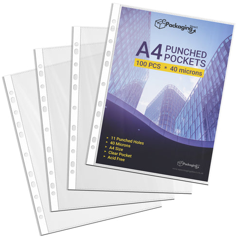 A4 Plastic Value Punched Punch Pockets, 11 Hole Heavy Duty File Binder Pockets, 40 Micron Clear Punched Pockets for Documents Folders Filling Plastic Wallets 100 Sleeves Pack