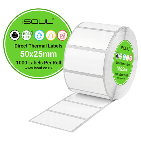 iSOUL Direct Thermal Labels, 50mm x 25mm Self-Adhesive Perforated UPC Barcode FBA Labels Stickers Compatible with Rollo, Zebra, MUNBYN, Toshiba, Citizen, Eltron Printers 1 Roll