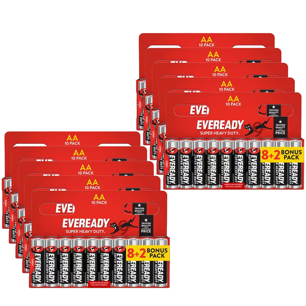 100x Eveready AA Zinc Carbon Batteries LR6 Super Heavy Duty MN1500 1.5V