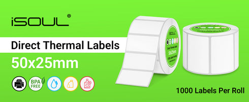 iSOUL Direct Thermal Labels, 50mm x 25mm Self-Adhesive Perforated UPC Barcode FBA Labels Stickers Compatible with Rollo, Zebra, MUNBYN, Toshiba, Citizen, Eltron Printers 1 Roll