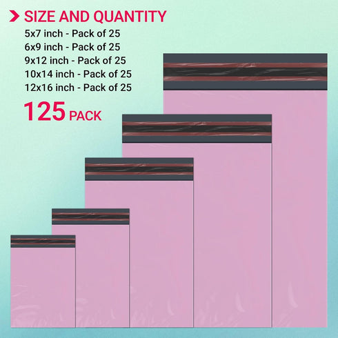 125 Mixed Baby Pink Parcel Bags, Tamper-Proof Strong Postal Packaging Bags for Shipping, Mailing & Delivery, 5 Sizes Small to Large, 25 Each