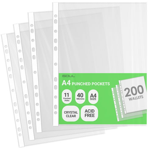 iSOUL A4 Plastic Value Punched Punch Pockets, 11 Hole Heavy Duty File Binder Pockets, 40 Micron Punched Pockets for Documents Folders Filling Plastic Wallets 200 Sleeves