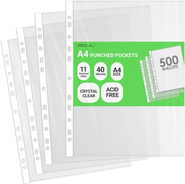 iSOUL A4 Plastic Value Punched Punch Pockets, 11 Hole Heavy Duty File Binder Pockets, 40 Micron Punched Pockets for Documents Folders Filling Plastic Wallets 500 Sleeves