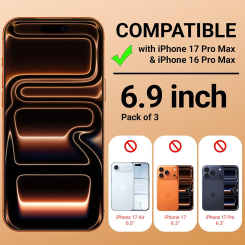 3x iPhone 17 Pro Max Screen Protector 6.3 Inch Tempered Glass Film 9H hardness & Case Friendly