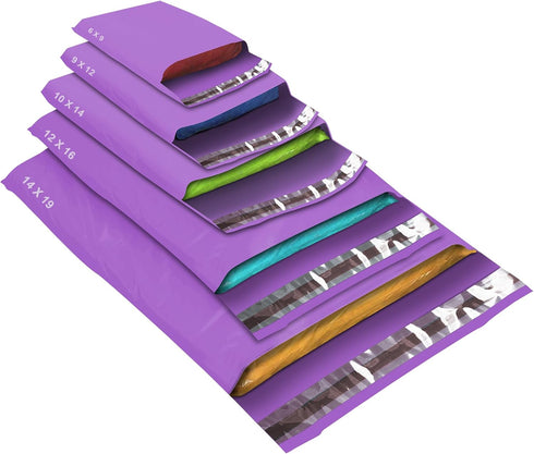 50 Mixed Size Purple Mailing Bags, Purple 5 Sizes Self Seal Strong Waterproof Poly Plastic Envelopes for Parcels, Packaging, Small, Medium, Large Mail, Shipping Courier Delivery Bags