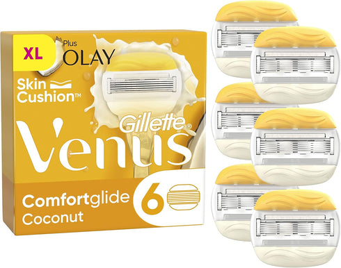 Gillette Venus Blade ComfortGlide Coconut with Olay Women's Razor Blade Refills – Pack of 6, Moisturizing Shave with Built-in Olay Bars for Smooth, Hydrated Skin