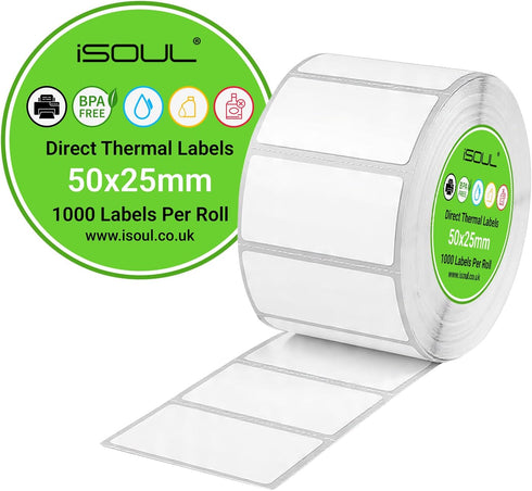 iSOUL Direct Thermal Labels, 50mm x 25mm Self-Adhesive Perforated UPC Barcode FBA Labels Stickers Compatible with Rollo, Zebra, MUNBYN, Toshiba, Citizen, Eltron Printers, 1 Roll