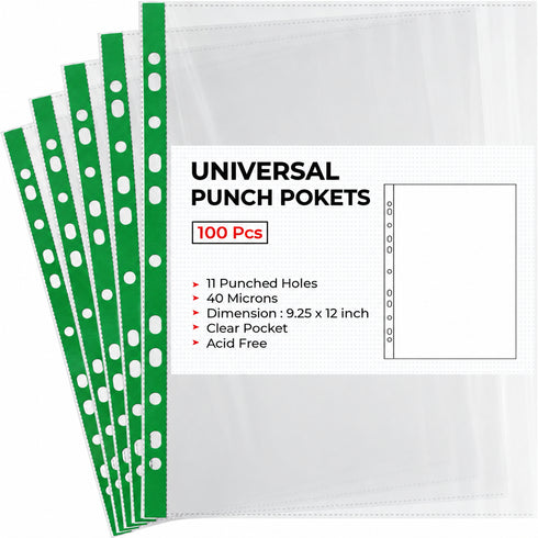 A4 Plastic Value Punched Punch Pockets, 11 Hole Heavy Duty File Binder Pockets, 40 Micron Clear Punched Pockets for Documents Folders Filling Plastic Wallets 100 Sleeves Green