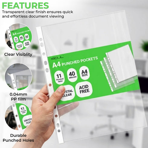 iSOUL A4 Plastic Value Punched Punch Pockets, 11 Hole Heavy Duty File Binder Pockets, 40 Micron Punched Pockets for Documents Folders Filling Plastic Wallets 200 Sleeves