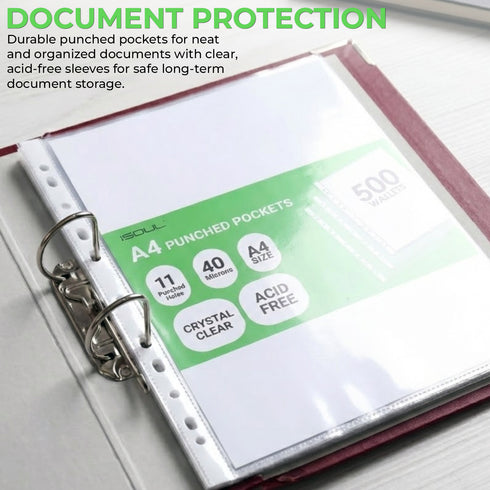 iSOUL A4 Plastic Value Punched Punch Pockets, 11 Hole Heavy Duty File Binder Pockets, 40 Micron Punched Pockets for Documents Folders Filling Plastic Wallets 200 Sleeves