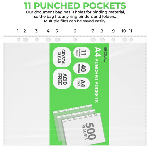 iSOUL A4 Plastic Value Punched Punch Pockets, 11 Hole Heavy Duty File Binder Pockets, 40 Micron Punched Pockets for Documents Folders Filling Plastic Wallets 200 Sleeves