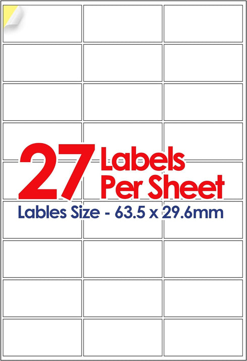 A4 Self Adhesive Address Labels, 27 Label Per Sheet, Multi-Purpose FBA 20 Sheets, 63.5 x 29.6mm 540 Labels - TradeNRG UK