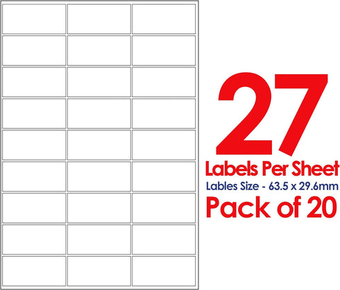 A4 Self Adhesive Address Labels, 27 Label Per Sheet, Multi-Purpose FBA 20 Sheets, 63.5 x 29.6mm 540 Labels - TradeNRG UK