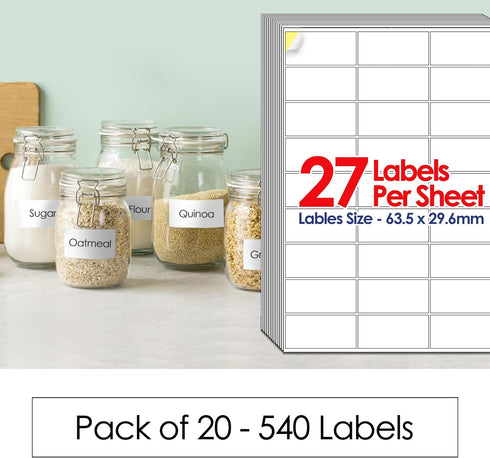 A4 Self Adhesive Address Labels, 27 Label Per Sheet, Multi-Purpose FBA 20 Sheets, 63.5 x 29.6mm 540 Labels - TradeNRG UK