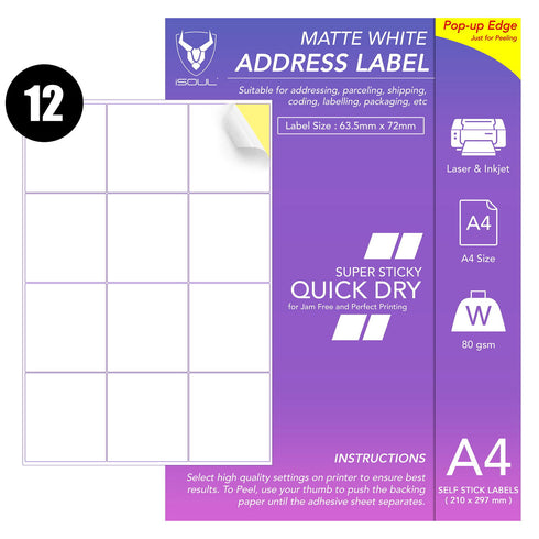 Address Labels Printable - 12 Sticker Labels per Sheet - 64mm x 72mm - TradeNRG UK