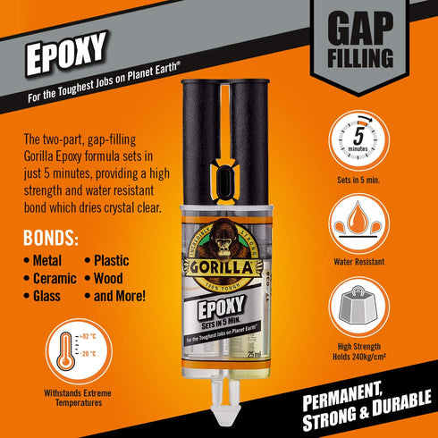 Gorilla Epoxy Crystal Clear Gap Filling 25ml Glue, Permanent and Strong - TradeNRG UK