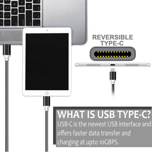 Heavy Duty Braided USB-Type C 3.1 Data Sync & charge Cable - 1M Black - TradeNRG UK