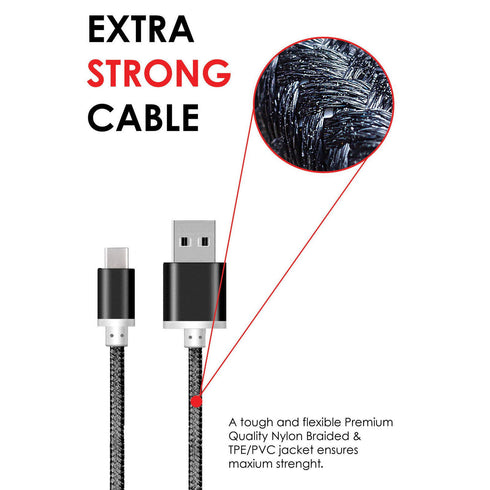 Heavy Duty Braided USB-Type C 3.1 Data Sync & charge Cable - 1M Black - TradeNRG UK