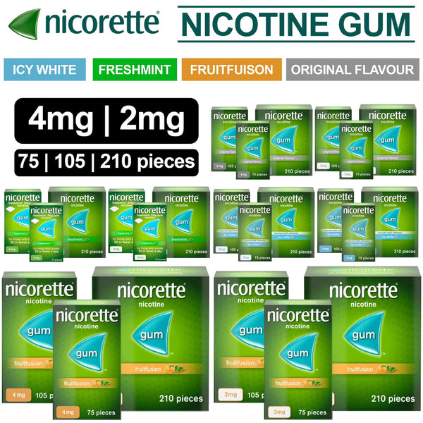 Nicorette Chewing Gum Original, Fruitfusion, IcyWhite 2mg-4mg - TradeNRG UK
