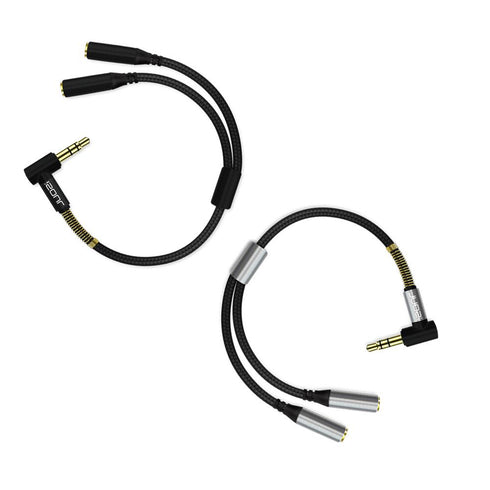 Nylon Braided LShape 3.5mm Audio Jack Dual Splitter Cable Black Silver - TradeNRG UK