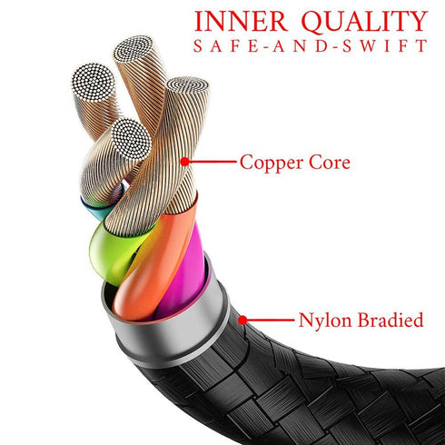 Nylon Braided LShape 3.5mm Audio Jack Dual Splitter Cable Black Silver - TradeNRG UK