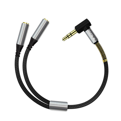 Nylon Braided LShape 3.5mm Audio Jack Dual Splitter Cable Black Silver - TradeNRG UK