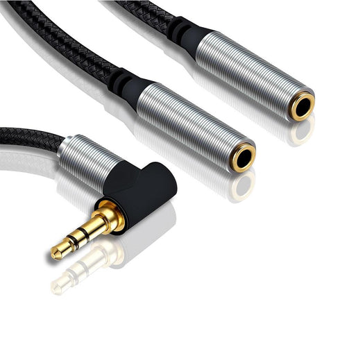 Nylon Braided LShape 3.5mm Audio Jack Dual Splitter Cable Black Silver - TradeNRG UK