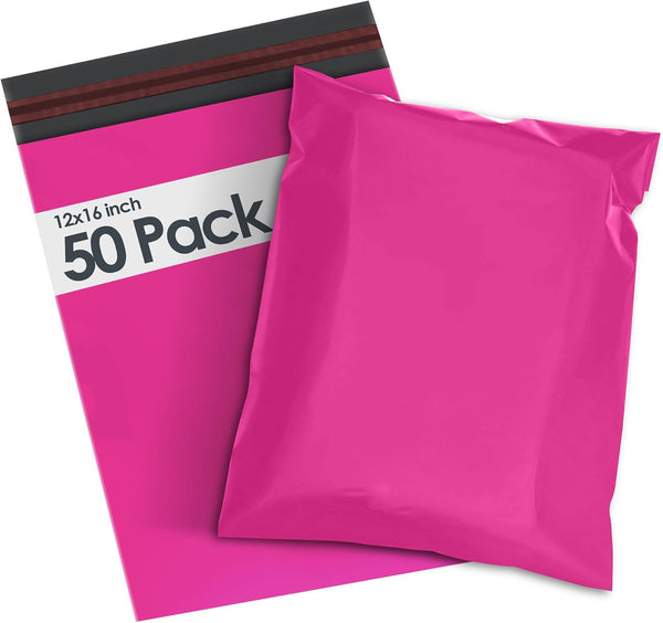 50 Mailing Bag Hot Pink Mailing Poly Postal Self Seal Bags, iSOUL 12 x 16 Inch Large Postage Packaging Assorted Mailers Posting Shipping Post Parcels Package Bags