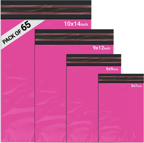 65 Mixed Parcel Bags Hot Pink, Mailer Bags Tamper-Proof Strong Postal Packaging Bags for Shipping, Mailing & Delivery, 4 Sizes Small to Large Bags, 15 Each