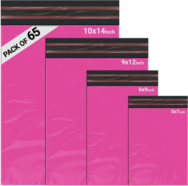 65 Mixed Parcel Bags Hot Pink, Mailer Bags Tamper-Proof Strong Postal Packaging Bags for Shipping, Mailing & Delivery, 4 Sizes Small to Large Bags, 15 Each