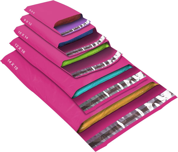 50 Mixed Size Pink Mailing Bags, Hot Pink, 5 Sizes Self Seal Strong Waterproof Poly Plastic Envelopes for Parcels, Packaging, Small, Medium, Large Mail, Shipping Courier Delivery Bags