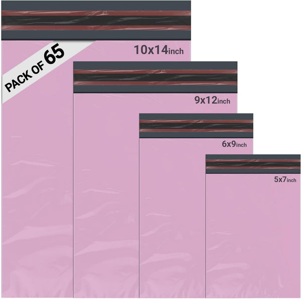 65 Mixed Parcel Bags Baby Pink, Mailer Bags Tamper-Proof Strong Postal Packaging Bags for Shipping, Mailing & Delivery, 4 Sizes Small to Large Bags, 15 Each