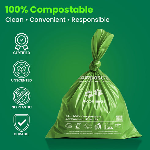 eCompostable Dog Poo Bags Biodegradable Dog Poop Bags Rolls Bags Leak Proof, Dog Waste Bags Large Compostable Unscented Poo Bags for Dogs & Cats Fits Standard Dispensers Green