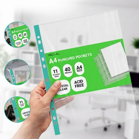 100 A4 Plastic Value Punched Punch Pockets 10-15 Sheets 40 Micron Clear Punched Pockets for Documents Folders Filling Plastic Wallets Sleeves