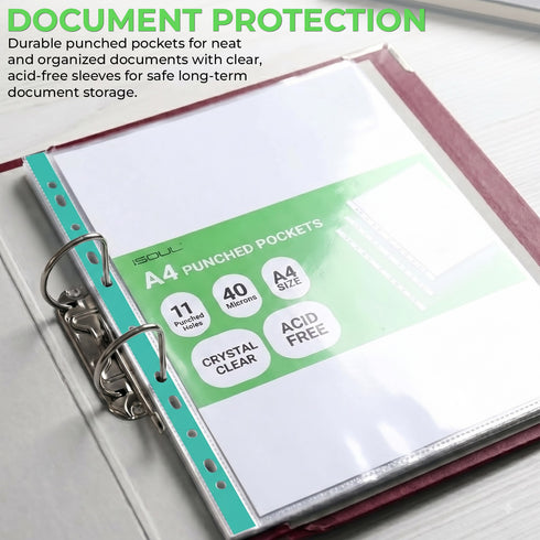 100 A4 Plastic Value Punched Punch Pockets 10-15 Sheets 40 Micron Clear Punched Pockets for Documents Folders Filling Plastic Wallets Sleeves