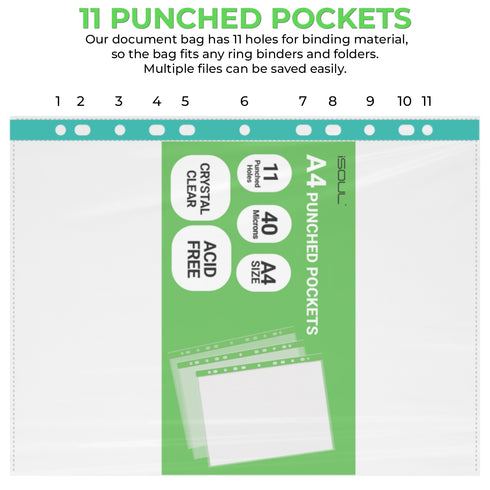 100 A4 Plastic Value Punched Punch Pockets 10-15 Sheets 40 Micron Clear Punched Pockets for Documents Folders Filling Plastic Wallets Sleeves