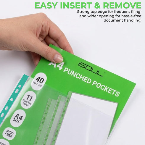 100 A4 Plastic Value Punched Punch Pockets 10-15 Sheets 40 Micron Clear Punched Pockets for Documents Folders Filling Plastic Wallets Sleeves