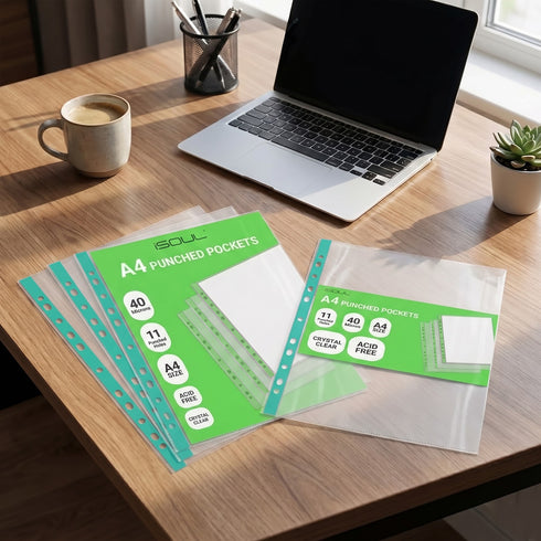 100 A4 Plastic Value Punched Punch Pockets 10-15 Sheets 40 Micron Clear Punched Pockets for Documents Folders Filling Plastic Wallets Sleeves