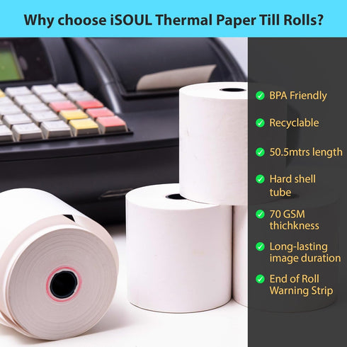 iSOUL 80X80mm Smudge Free Till Rolls for PDQ Machines 5 Pack Thermal Receipt Printer Rolls Card Machine Paper Rolls for Sam 4S POS-XQ1 Star Micronics TSP100 Series Bixolon SRP Citizen CT Flex Desktop